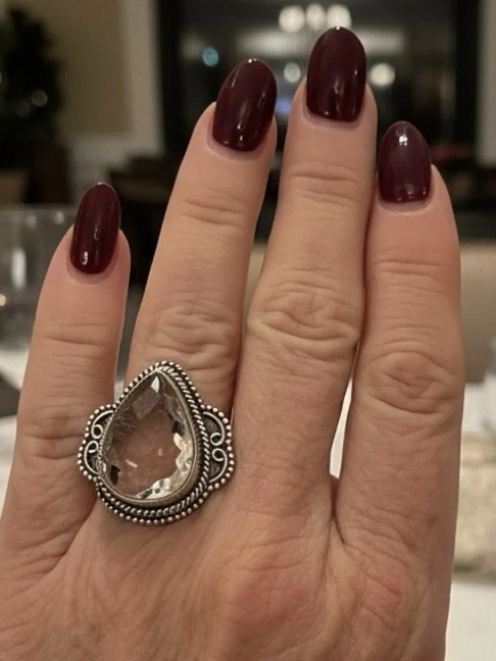 Beautiful Clear Quartz Teardrop‎ Ring in sterling Silver ornate Setting